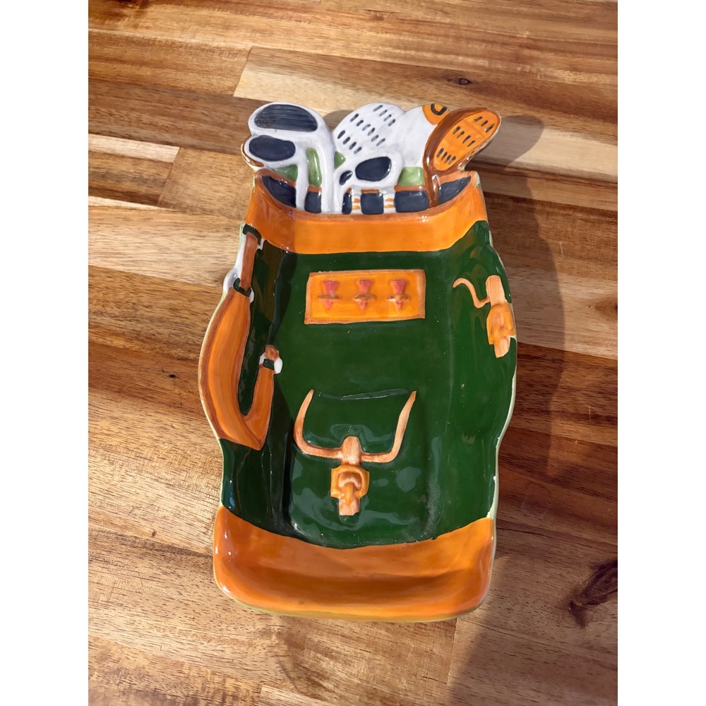 Vintage Golf Bag Ceramic Trinket Dish Hand Painted Green Orange Catchall Tray - Picture 2 of 6